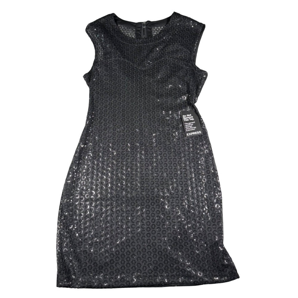 Express Black Sequin Mesh Sleeveless Cocktail Sheath Dress Medium NEW